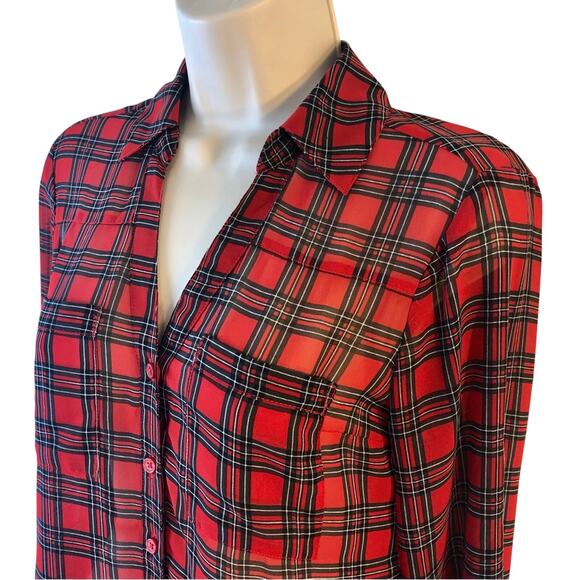 Express Red Black Tartan Plaid Portofino Button Front Blouse Notched V Neck - Picture 3 of 16